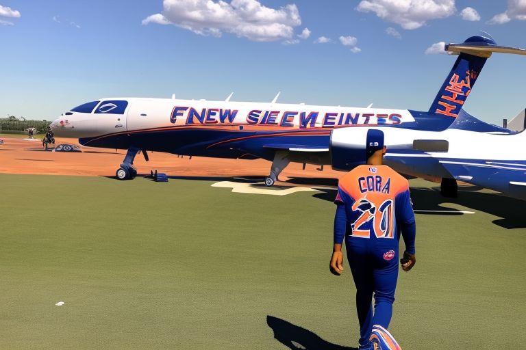 A photo of Carlos Correa walking onto a private jet with “New York Mets” written across it in bold letters