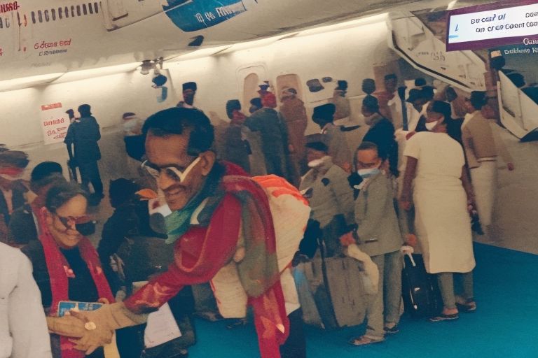 A photo of Charles Sobhraj boarding an airplane at Tribhuvan International Airport with text overlay reading "Charles Sobhraj Takes Flight".
