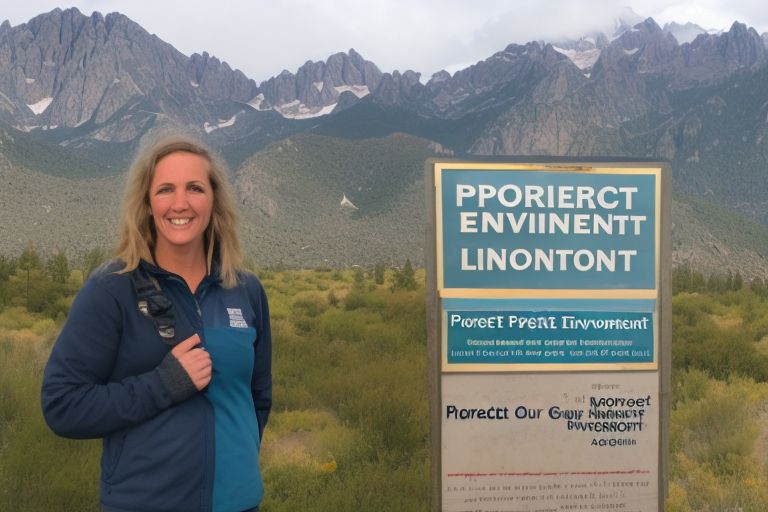 A photo of Kathryn Zebrowski standing next to a sign reading "Protect Our Environment" with mountains in the background.