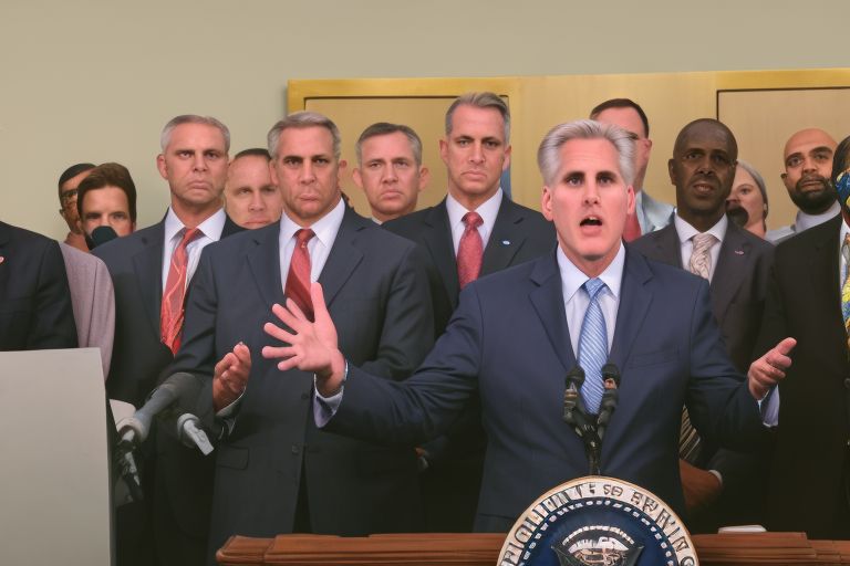A photo of Kevin McCarthy speaking at a podium with a distressed expression on his face while several members of Congress look on in disbelief behind him.