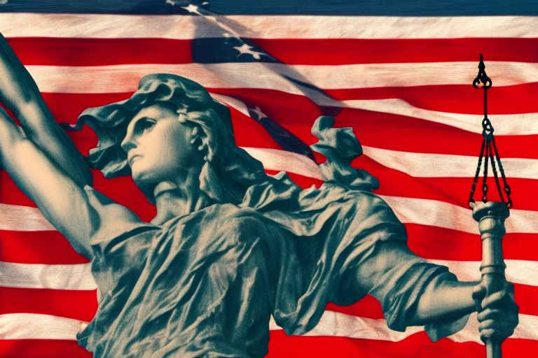A photo of Lady Justice holding her scales with an American flag waving behind her symbolizing justice prevailing over tyranny in America