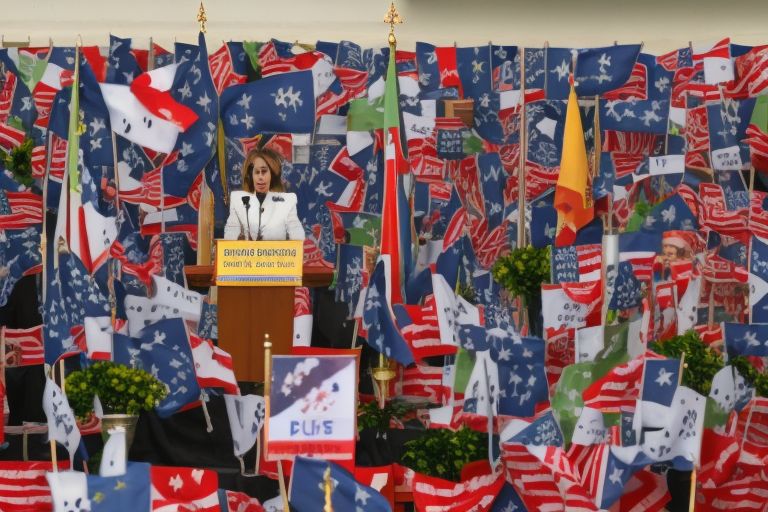 A photo of Nancy Pelosi speaking at a podium surrounded by flags representing different countries around the world
