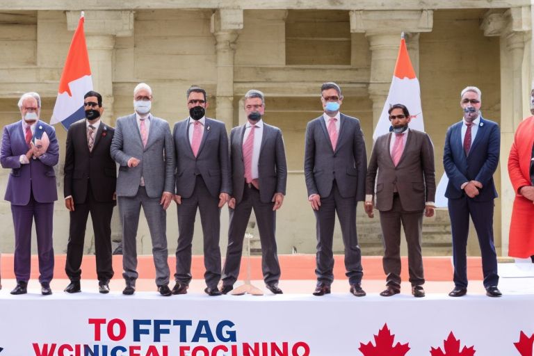 A photo of Narendra Modi standing next to Canadian politicians Brock Pierson, Jordan B Peterson, Charles Pascal of Ontario, Pierre Poilievre and Justin Trudeau at a press conference in India discussing libertarian laws including a "Right To Life" law allowing people the right to refuse vaccination if desired