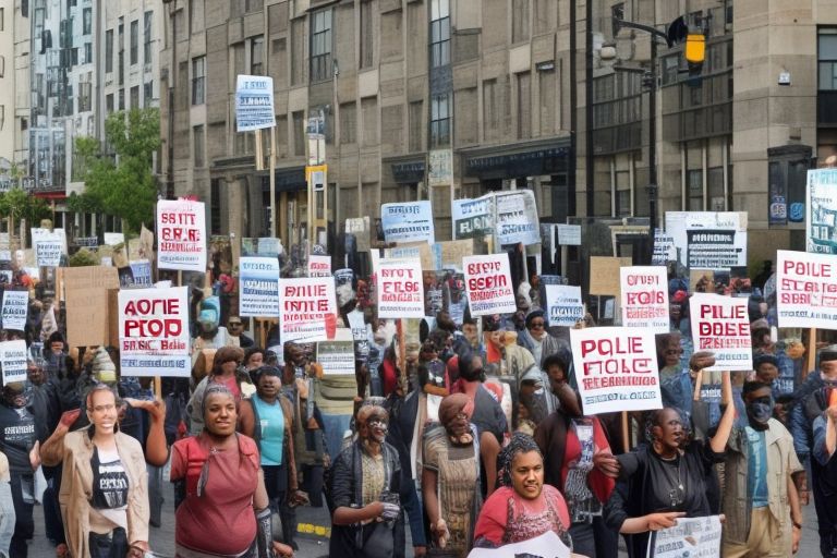 A photo of people marching in the streets with signs that say "Stop Police Brutality" and "Justice for All".