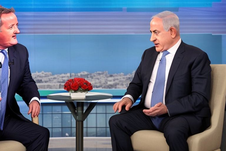 A photo of Piers Morgan interviewing Benjamin Netanyahu against a backdrop of flags from both countries (Israel & USA).