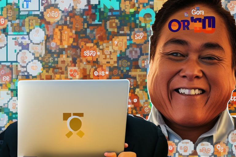A photo of Robert Kiyosaki smiling with a laptop open next him featuring a graph showing the rise in Bitcoin prices over time