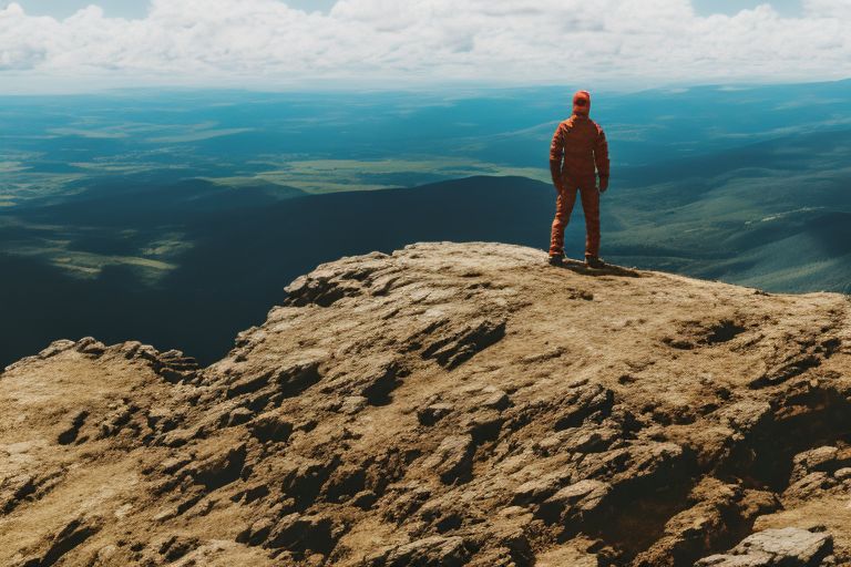 A photo of someone confidently standing atop a mountain peak overlooking a vast landscape below them