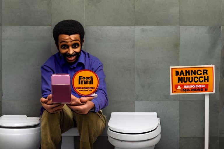 A photo of someone holding their phone while sitting on a toilet with a warning sign behind them saying "Danger! Too Much App Use!"