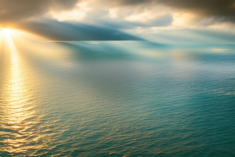 A photo of sunlight shining through clouds onto an ocean below