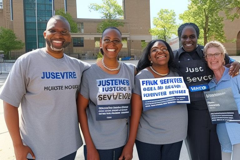 A photo of the four individuals smiling together outside a courthouse with the headline "Justice Served" above them
