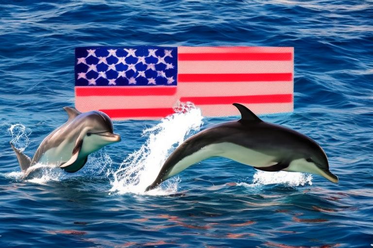 A photo of two dolphins swimming together against a navy blue background with an American flag waving in the background