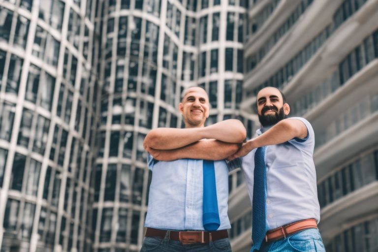 A photo of two individuals standing side by side in front of a large building with their hands clasped together in unity (https://www.pexels.com/photo/architecture-building-business-city-357573/)