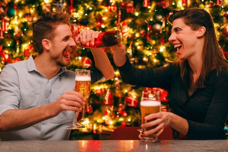 A photo of two people clinking glasses filled with beer while smiling at each other in front of a festive holiday backdrop.