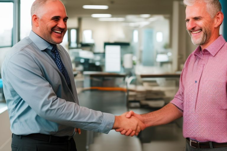 A photo of two people shaking hands while smiling at each other