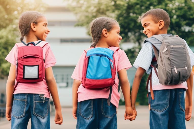 A photo of two siblings smiling at each other while standing side-by-side outside of their school building with backpacks on their backs