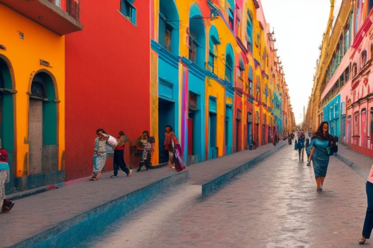 A photo of two smiling "Eat Pray Love" white woman walking down a street lined with colorful buildings in Mexico City