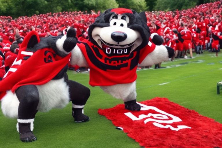 A photo of UGA mascot Hairy Dawg cheering with his paws raised while wearing red and black apparel with "Georgia" written across it