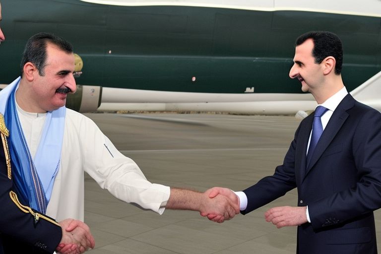 A photo of Vladimir Putin shaking hands with Bashar al-Assad at an airport in Moscow