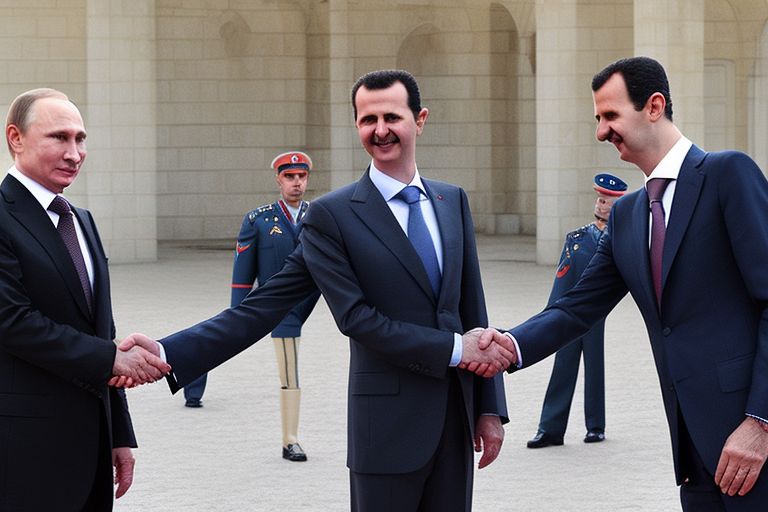 A photo of Vladimir Putin shaking hands with Bashar al-Assad outside of the Kremlin building