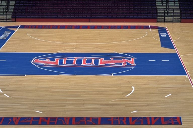 A photo showing a close up view of an empty basketball court with a single basketball at center court with "UConn" written across it with blue chalk letters
