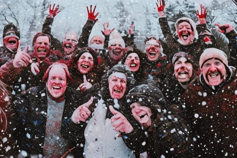 A photo showing a group of people celebrating Festivus outdoors during Winter Storm Elliott with snowflakes falling around them as they smile brightly into the camera lens.