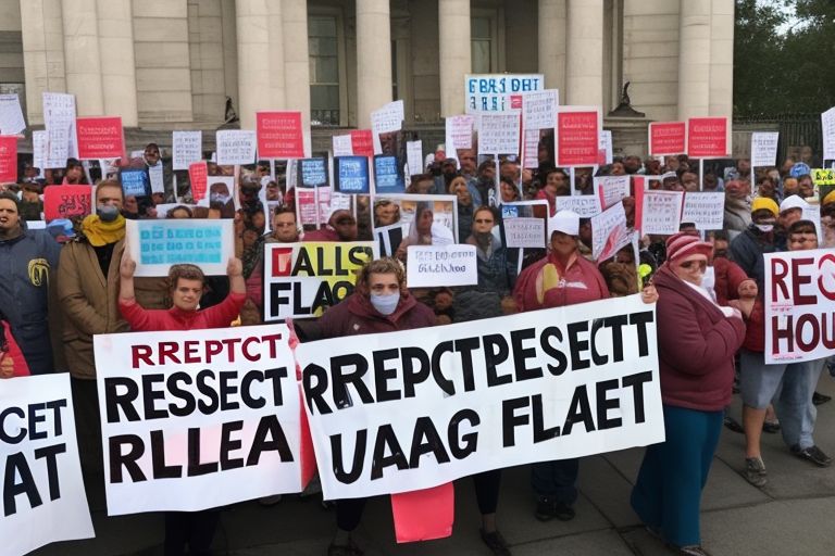 A photo showing a group of protesters holding up signs reading "Respect Our Flag" outside a state house building in protest against elected officials refusing to salute Ukraine's national symbol.