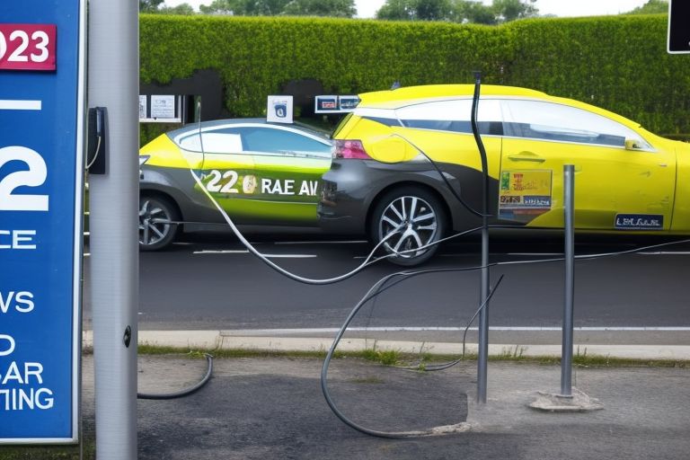 A photo showing an electric car being charged at a charging station next to a sign saying "2023 - The Year Of The Electric Vehicle Revolution"