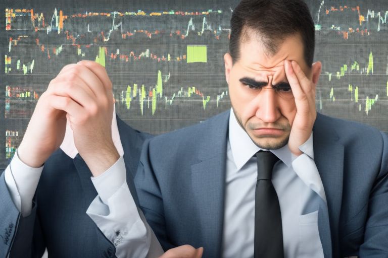 A photo showing an investor looking at a graph representing various cryptocurrency values against each other with a worried expression on his face