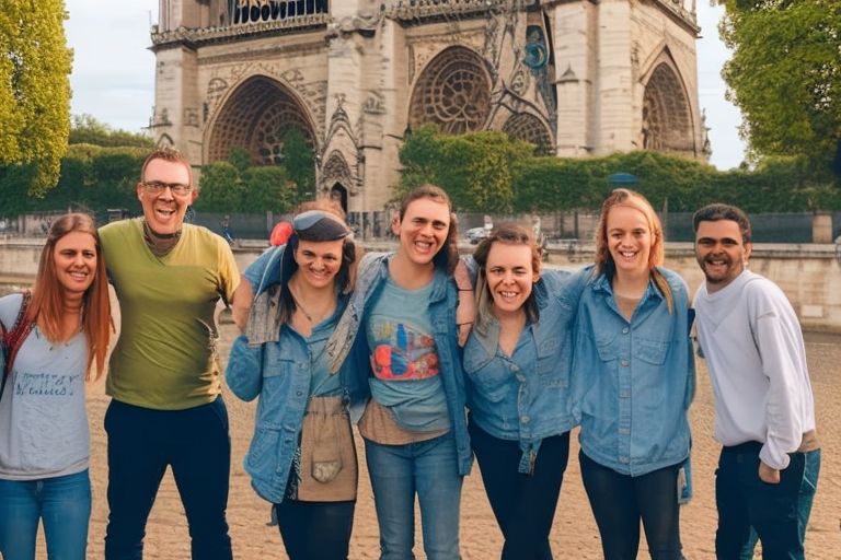 A photo showing five young people standing together outside a famous landmark in Paris such as the Eiffel Tower or Notre Dame Cathedral with mischievous grins on their faces.