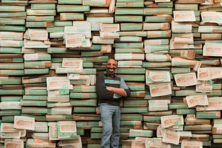 A photo showing John Doe smiling with stacks of cash behind him symbolizing his success in the domain industry