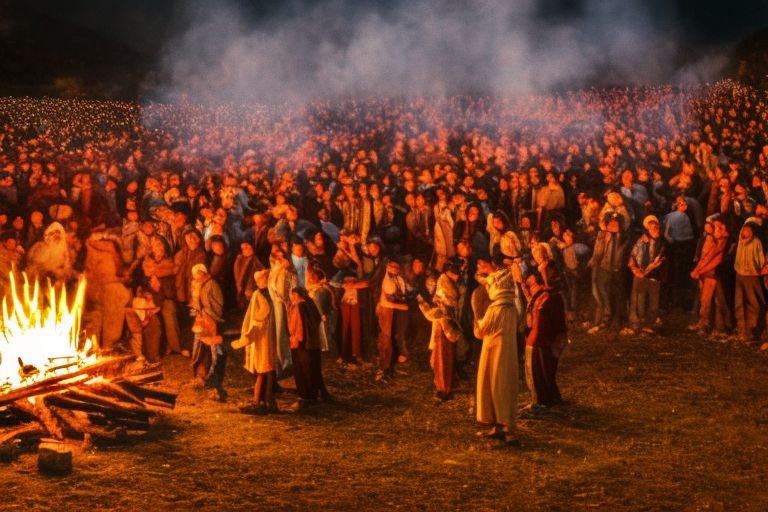 A photo showing locals gathered around a bonfire at night during the festival celebrating 4500 years honoring Frytis in Kryopolis, Greece