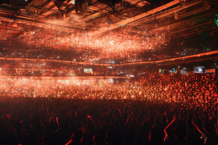 A photo showing off a crowd cheering during an esports tournament with bright lights shining down on them from above.