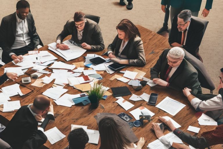 A photo showing people debating heatedly over a table with various documents scattered around them representing different points of view