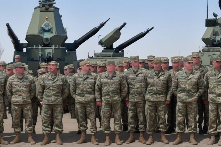 A photo showing Russian President Vladimir Putin giving a speech with Ukrainian soldiers standing behind him with Patriot SAM Systems visible in the background