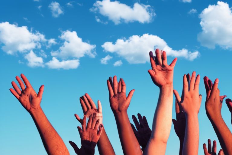 A photo showing several hands raised up against a blue sky with the caption “Together We Can Make Change Happen”