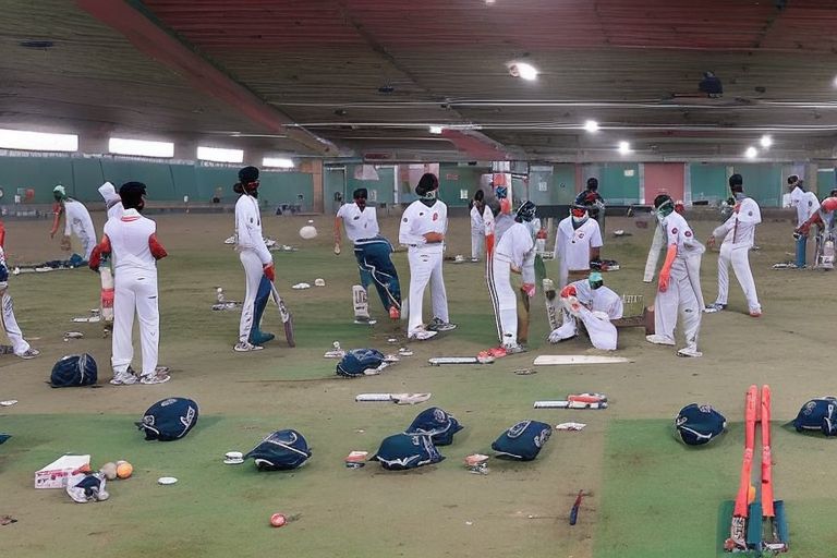 A photo showing several Indian cricketers practicing with limited resources at a run-down facility with no spectators present