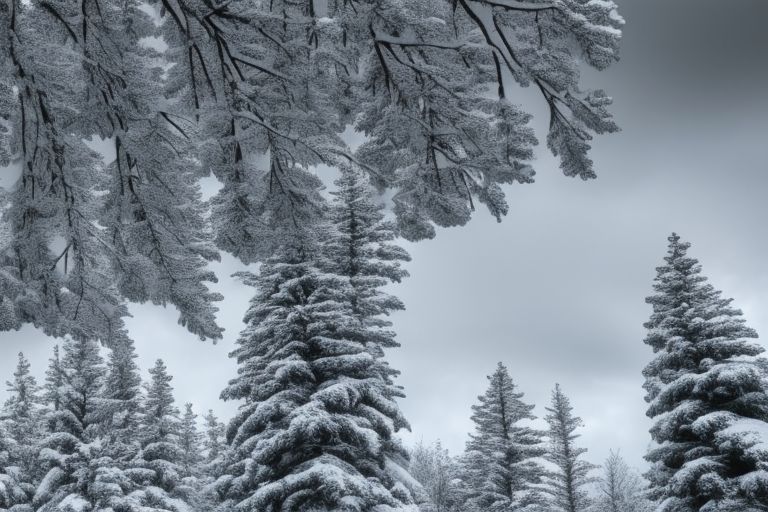 A photo showing snow-covered trees with a backdrop of a cloudy sky