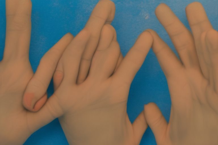 A photo showing two hands clasped together with a blue background featuring Hebrew writing behind them