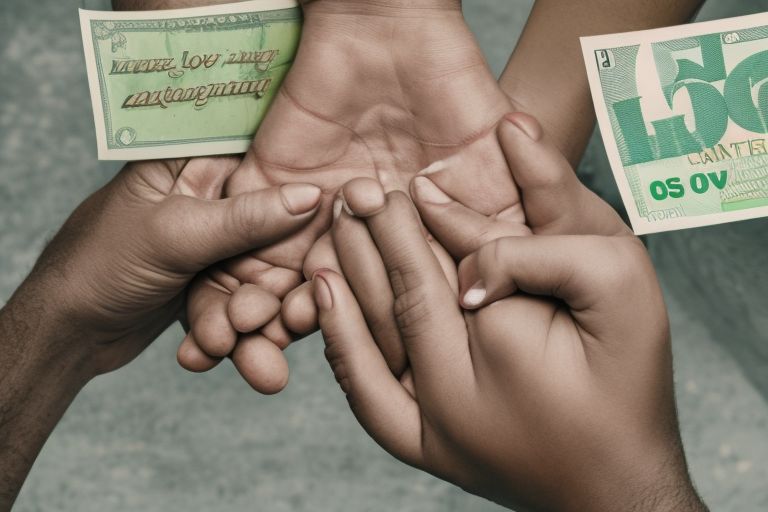 A photo showing two hands intertwined - one holding a stack of cash and one holding nothing but air - with a caption reading "True Love? Money Matters More Than Anything".