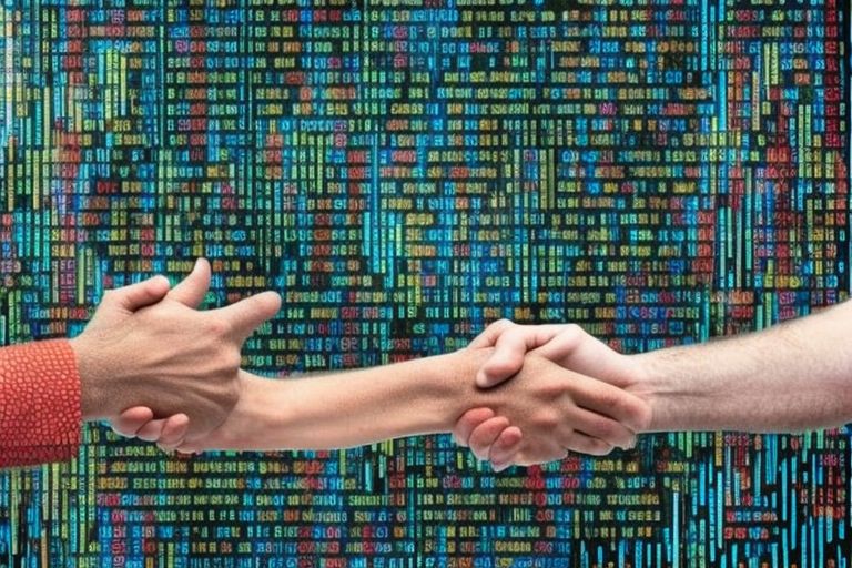 A photo showing two hands shaking against a backdrop of computer code