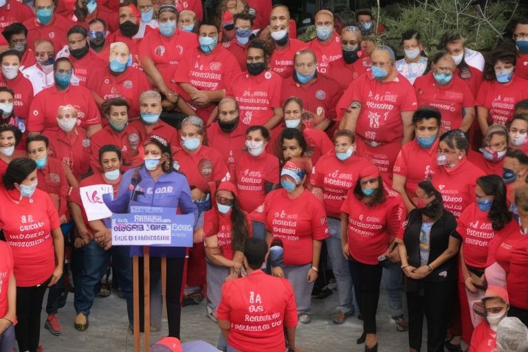 A photo showing Yolanda Díaz speaking at a podium surrounded by supporters wearing red shirts with "Podemos" written on them