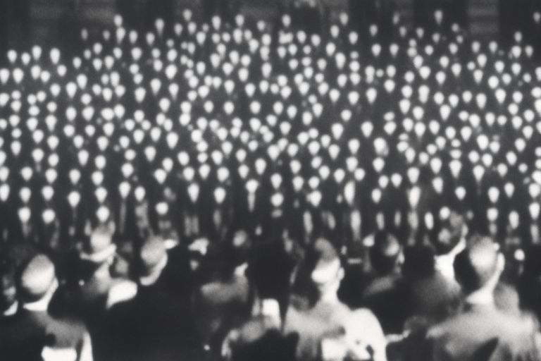 A photograph of a graduating class with an American flag waving in front of them while listening attentively to a speech given by an official figure (presumably representing the president).
