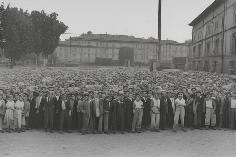 A picture depicting a group of workers outside a Fiat factory in Turin during the mid-20th century