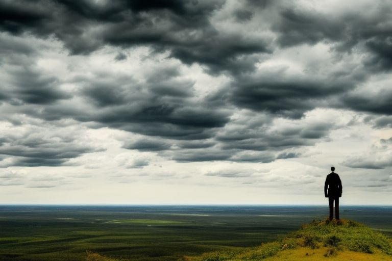 A picture depicting a person looking out over an expansive landscape with storm clouds looming overhead - symbolizing the tense relations between Russia & U S