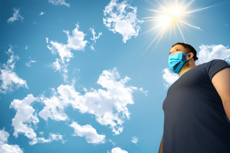A picture depicting a person wearing a face mask standing outside looking up at a bright blue sky with rays of sunshine peeking through clouds above them - symbolizing hope amidst difficult times!