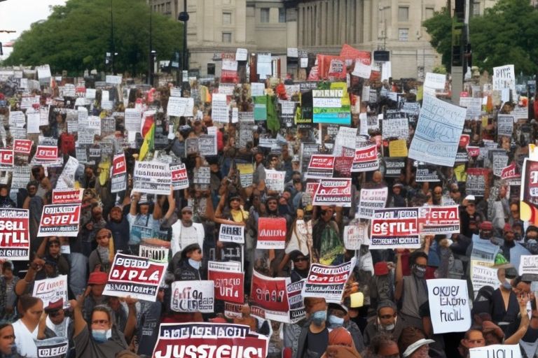 A picture depicting a protest rally with people holding up signs reading "Stop The Cartel" or "Justice For All".