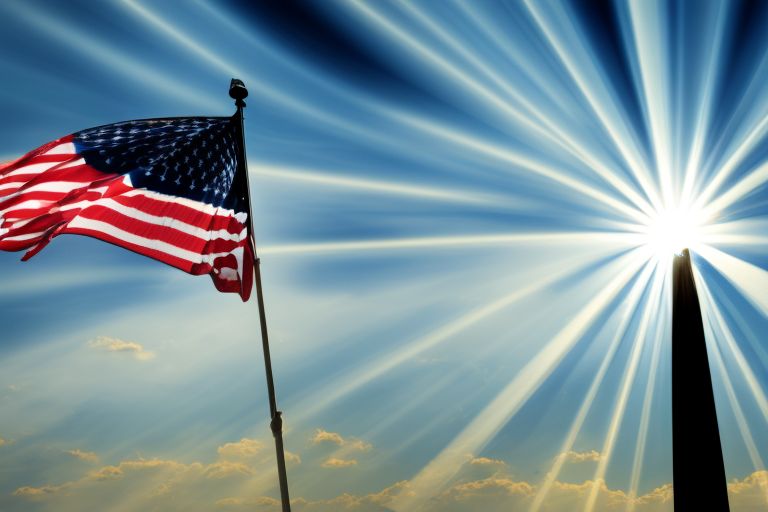 A picture depicting American flag waving against a bright blue sky with rays of sunshine radiating down onto it - symbolizing hope & optimism for America's bright future ahead!