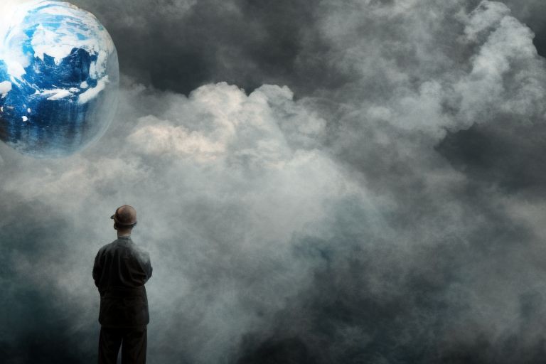 A picture depicting an individual looking at a globe surrounded by smoke clouds from factories representing climate change