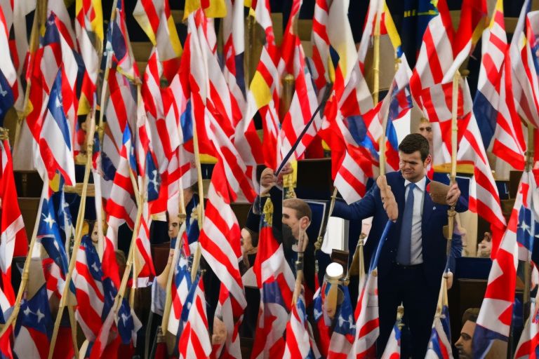 A picture depicting President Volodymyr Zelenskyy standing before Congress holding a gavel aloft with one hand while gesturing towards them with another hand; behind him are flags representing both sides of the aisle in Congress (one red flag representing Republicans and one blue flag representing Democrats).
