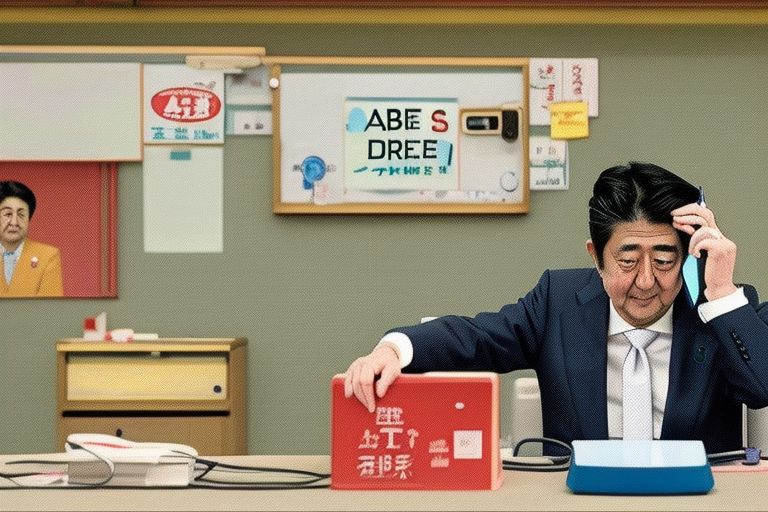 A picture depicting Prime Minister Shinzo Abe making a phone call with a caption reading "Abe's Direct Call Rings Hollow".